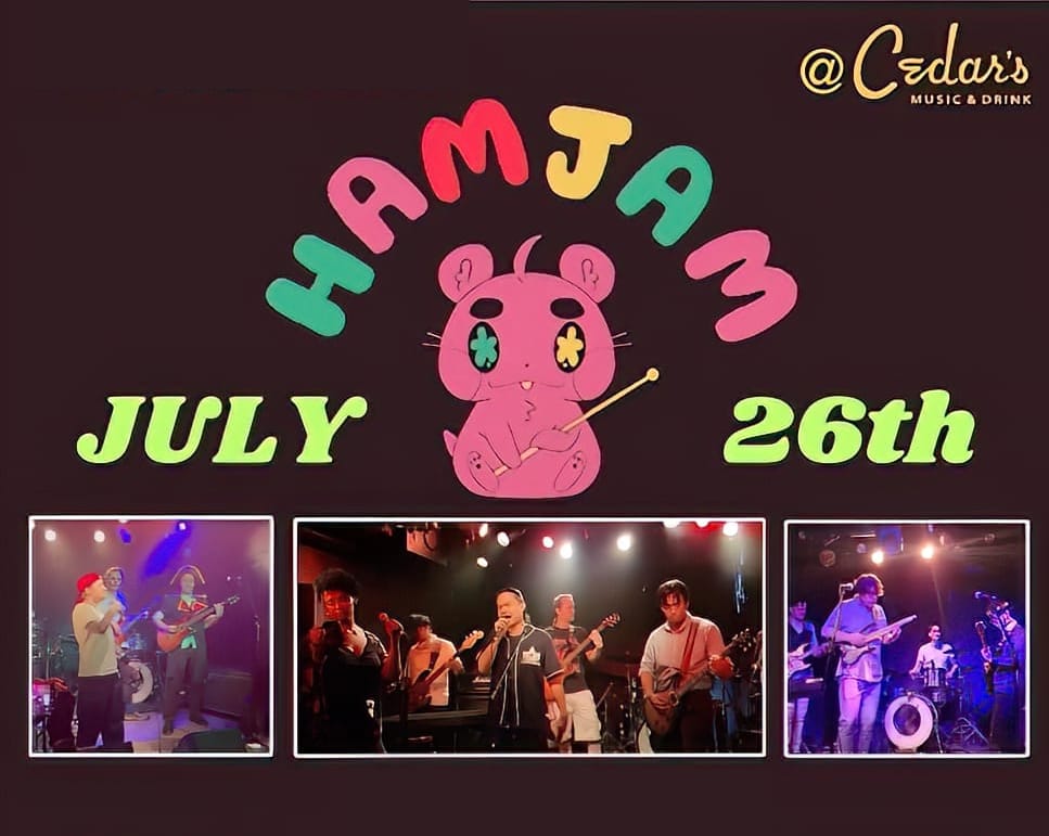 The Hamster Jam, also known as HAMJAM, is one of Nagoya's top regular music events, featuring live performances and a vibrant community atmosphere at Cedar's Music & Drink.